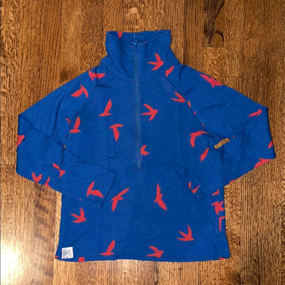 Oiselle wazzie wool Blue and Red Bird Print Half Zip Pullover women’s size me